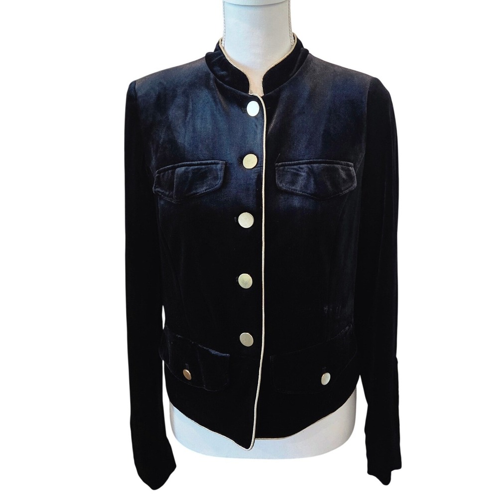 Who What Wear‎ Velvet Military Jacket Gold Trim Brass Buttons Black Medium